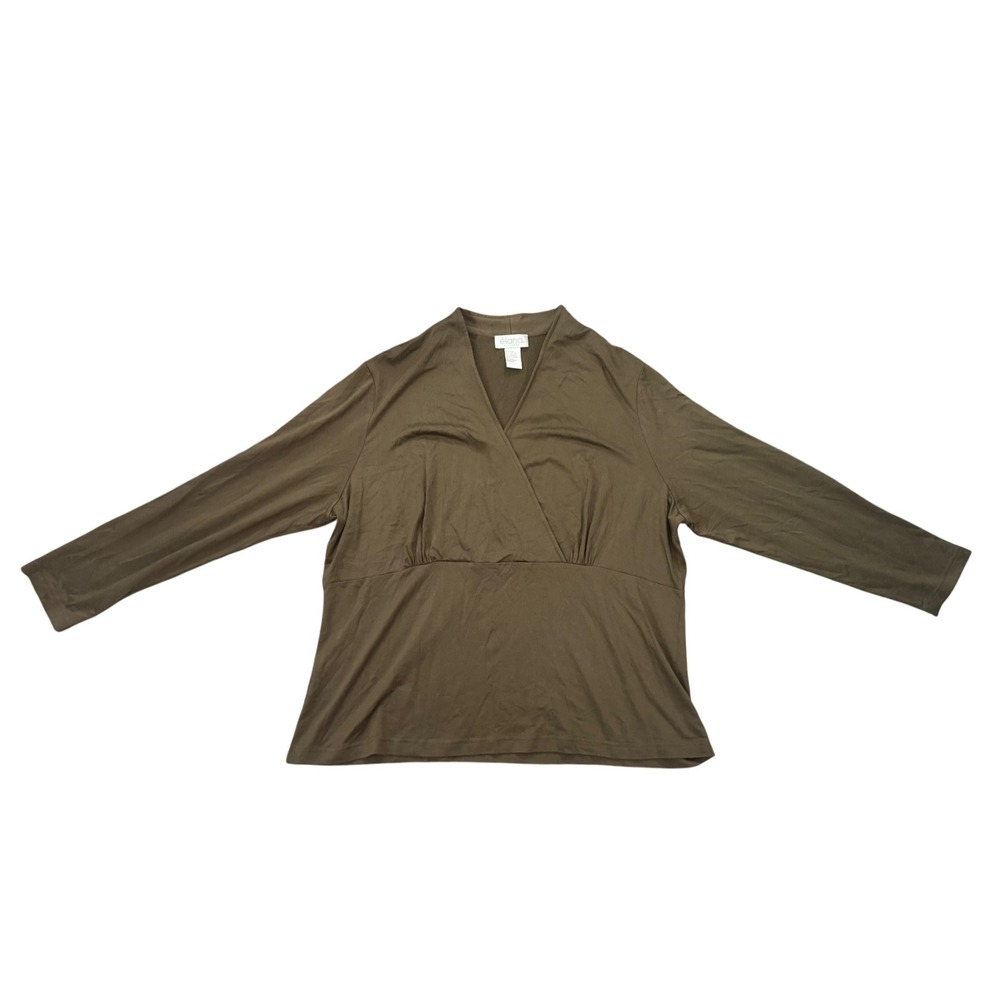 Elana by‎ Tanner Women's Olive Green Long Sleeve V-Neck Top Silk Blouse